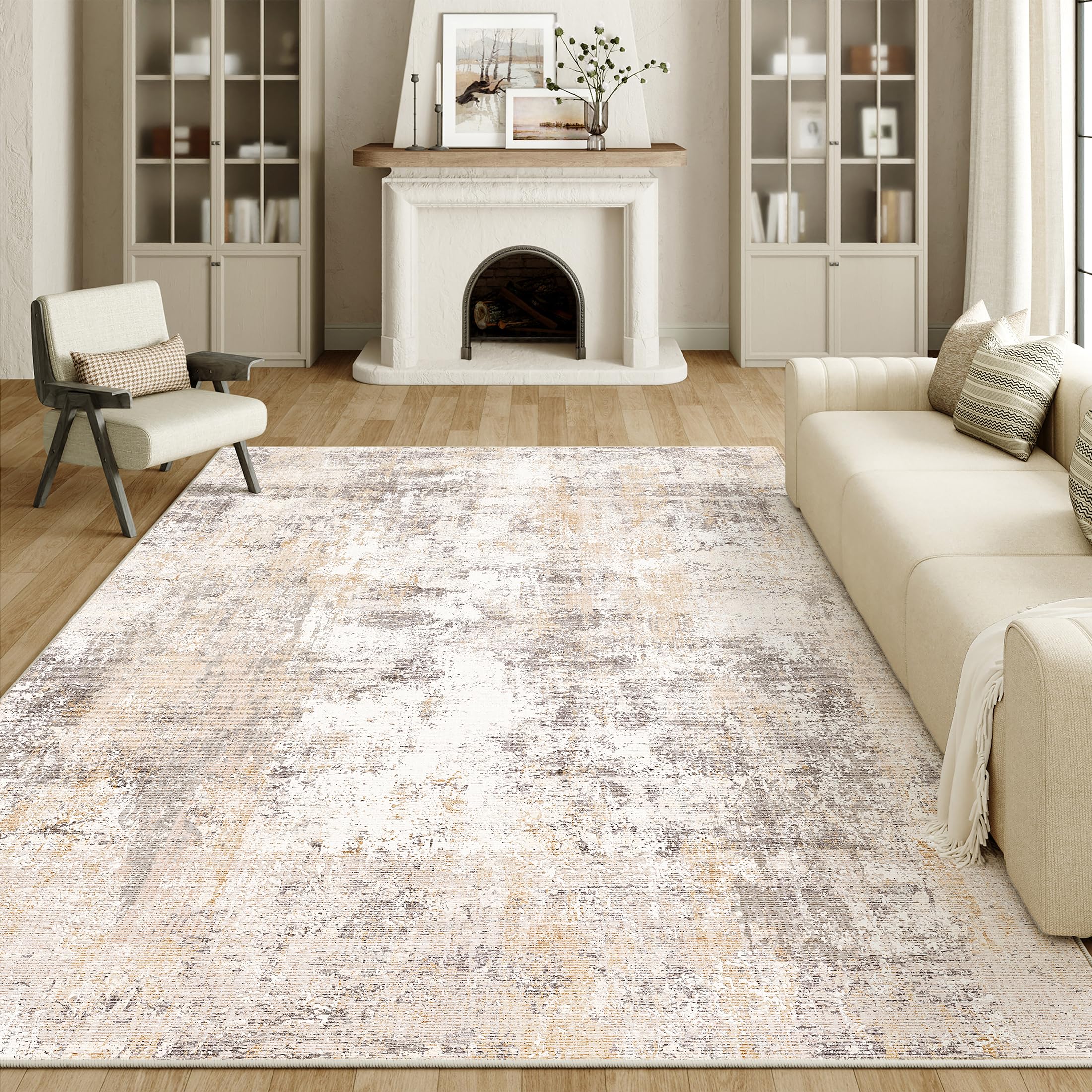 WondRg Washable Area Rug 8x10 for Living Room Beige Grey Neutral Carpet | Non Sl