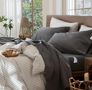 MooMee 100% Washed Cotton Linen Like Sheet Set Textured Breathable Durable Soft Comfy (Dark Grey, Full)