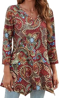 Enmain Women's Tunic Long Plus Size 3/4 Sleeve Blouse Chic Elegant V-Neck Patterned Tunic Solid Color Loose Top for Women