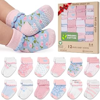 GOTS Organic Cotton Blend 12 Pairs Baby Newborn Socks 0-6 M Girl Non Slip | Oeko-Tex Certified, Baby Socks, 12 Pairs, Baby Girl Socks, Baby Girl Socks, Pink, For Baby Girls, 0-6 Months, Baby Socks