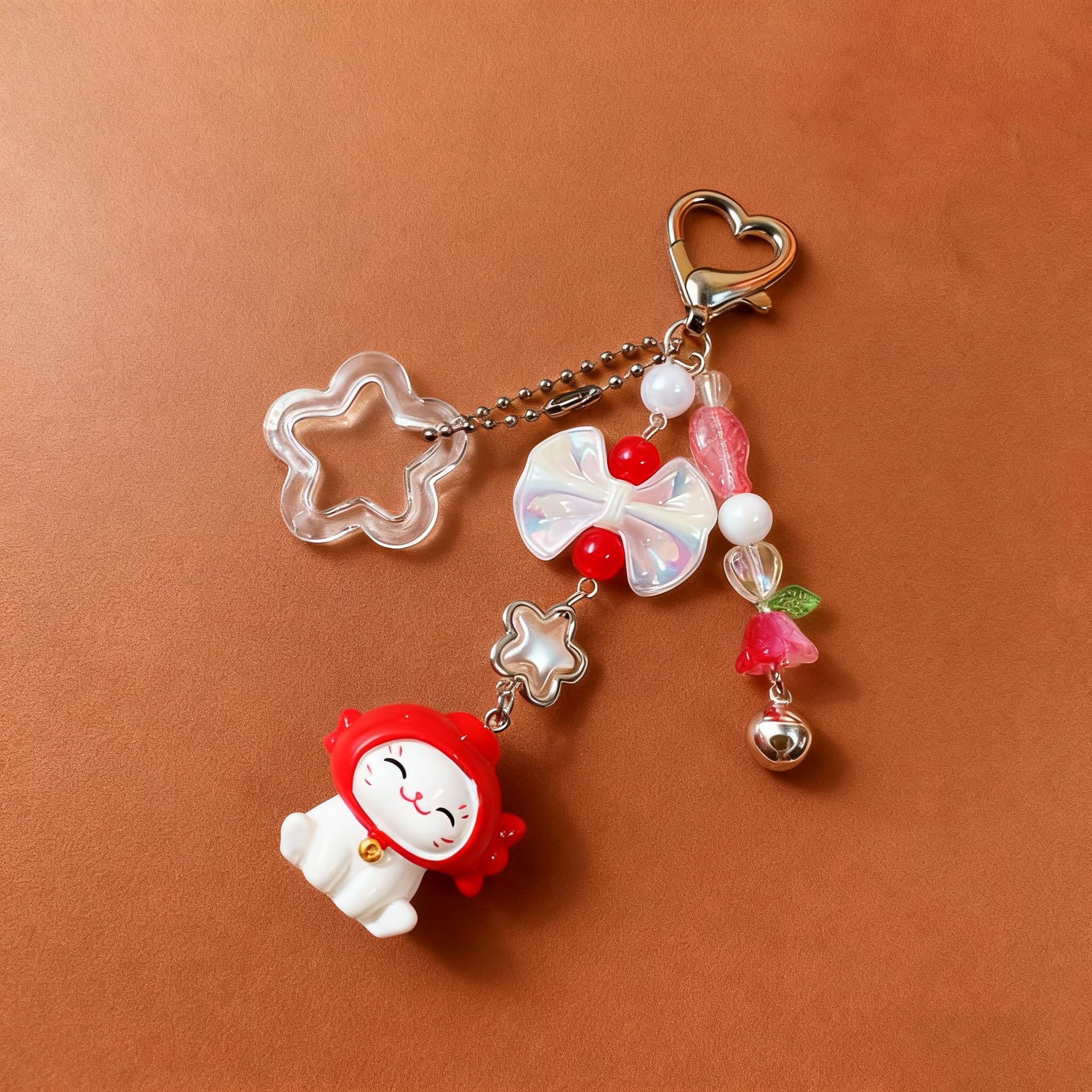 Adorable 3D Lucky Cat Keychain with Resin Butterfly Stars and Beads Unique decor