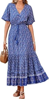 R.Vivimos Womens Summer Cotton Short Sleeve V Neck Floral Print Casual Bohemian Midi Dresses