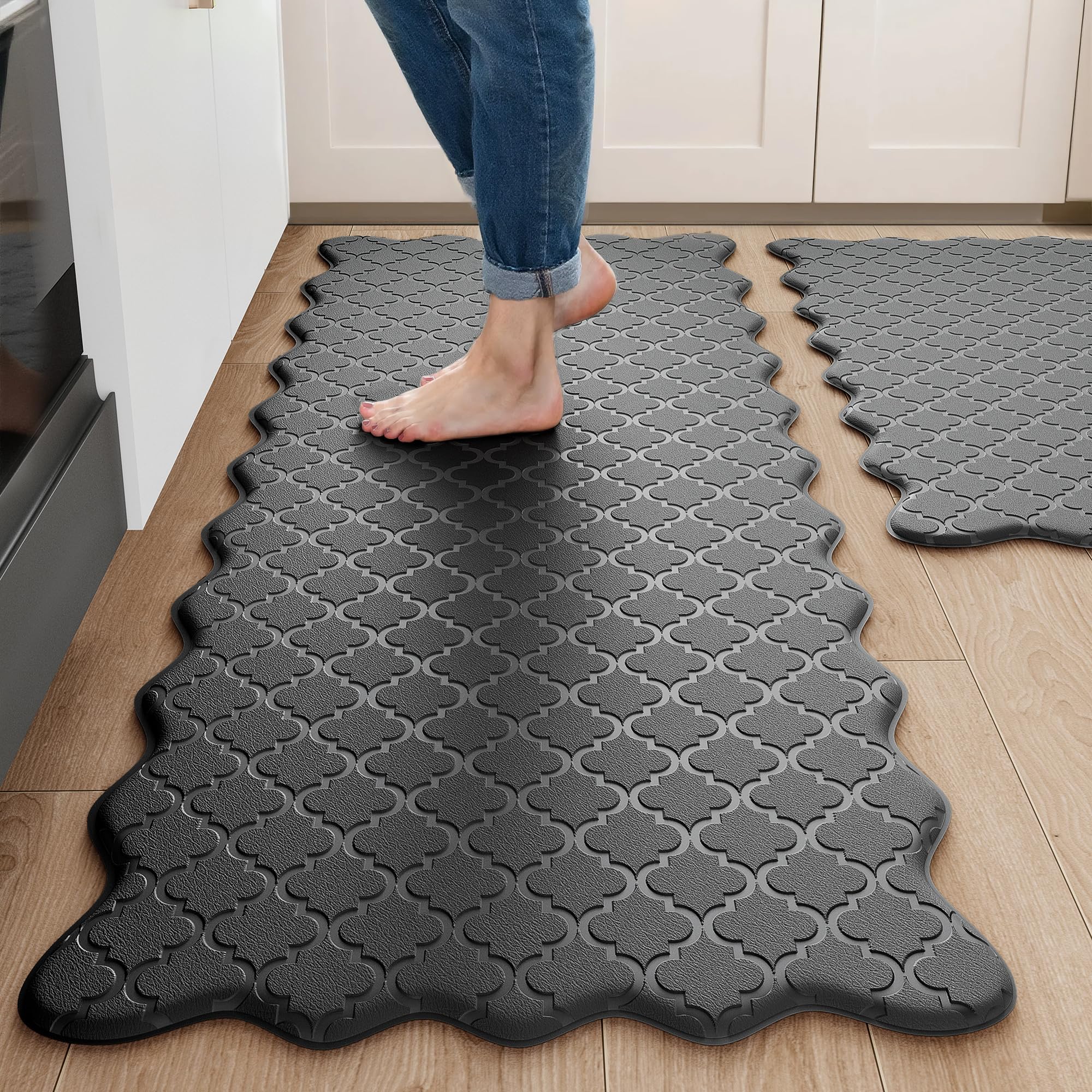 Arenarug Upgrade Scalloped Kitchen Mats for Floor 2PCS, Black Kitchen Rugs