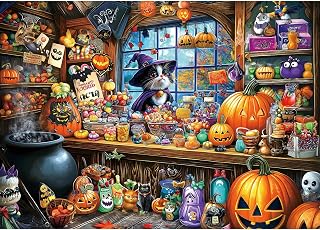 Halloween Witch Cat 1000 Piece Puzzle for Adults Halloween Candy Store Jigsaw Puzzle Spooky Treats Scene Challenging Impossible Puzzle Fun Games for Adults & Family Game Night