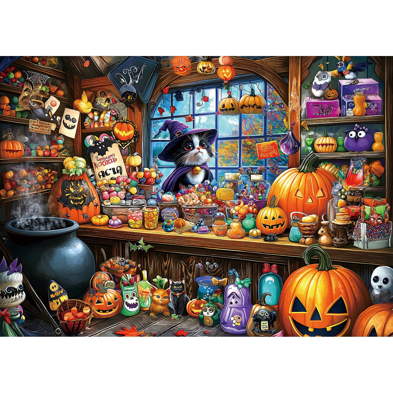 Halloween Witch Cat 1000 Piece Puzzle for Adults Halloween Candy Store Jigsaw Pu