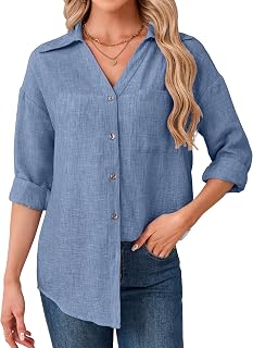 Enmain Womens Linen Shirts Long Sleeve Summer Casual V-Neck Shirts for Women UK Button Down Ladies Blouse Solid Colour Breathable Lightweight Cotton Linen Tops for Beach Vacation Work Office S-3XL