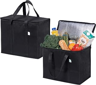 VENO 2Pcs Reusable Cooler Bag, Large Cooler Bag with Lid, Durable Handles, Double Zippers, Stand-up Shopping Bag, Foldable Lunch Bag, Picnic Bags (Black, 2PCS)