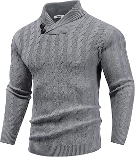COOFANDY Men's Shawl Collar Pullover Sweater Slim Fit Casual Button Cable Knit Sweaters