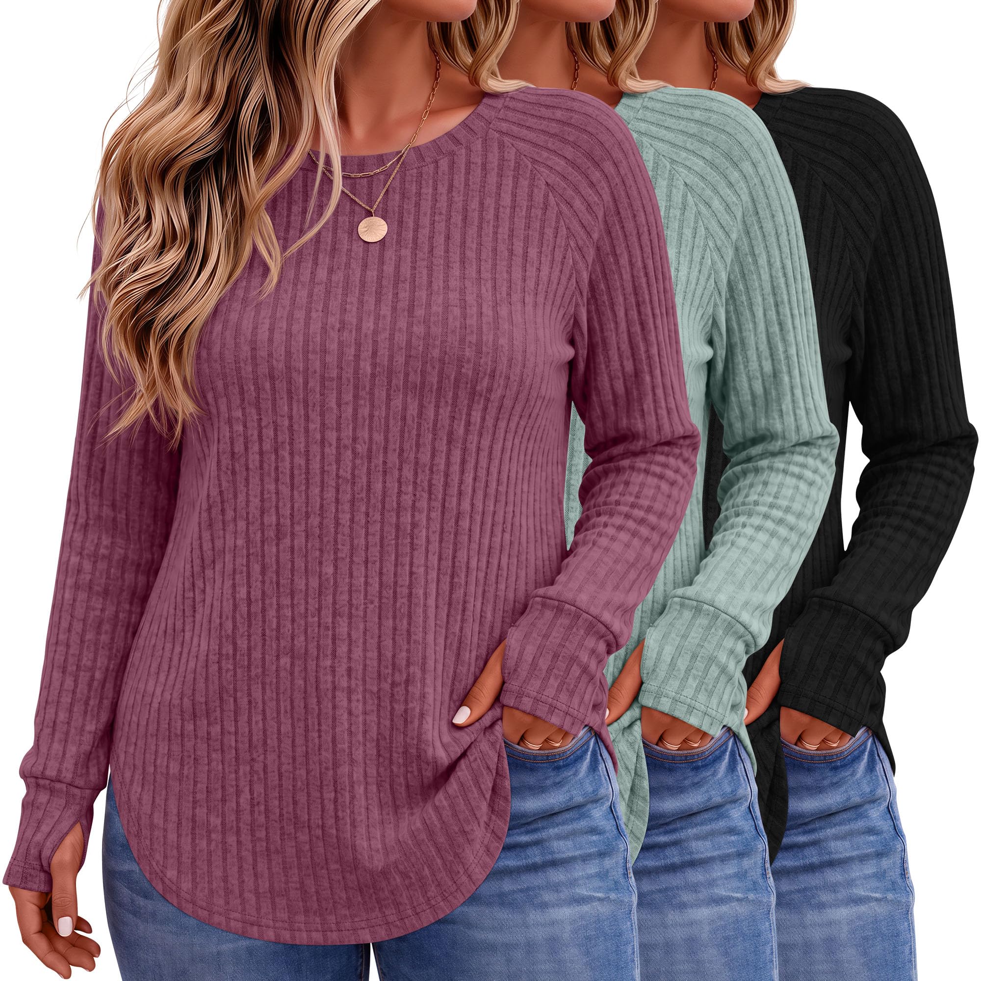 Riyiper 3 Pack Women's Plus Size Long Sleeve Sweaters Thumb Hole