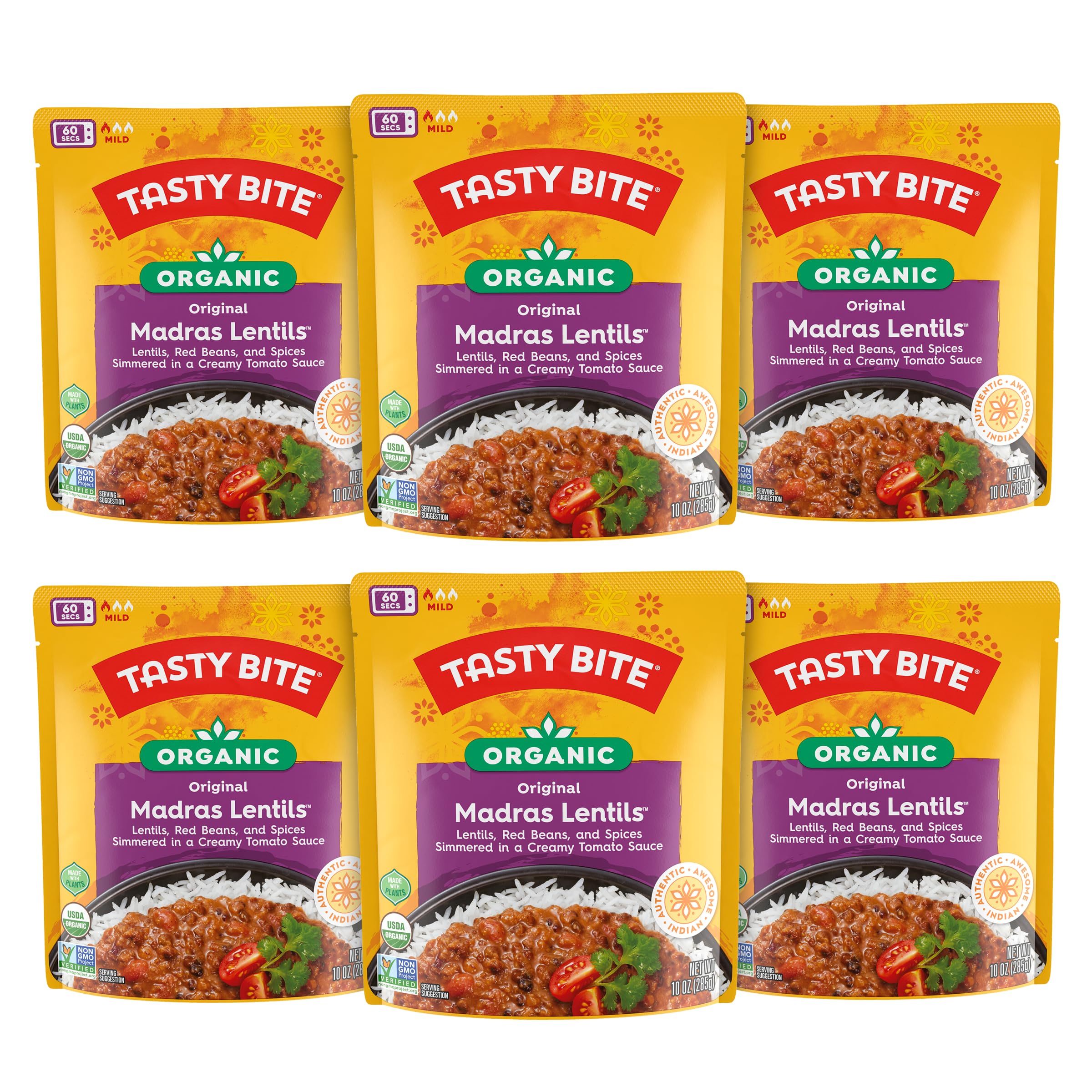 Tasty Bite Organic Madras Lentils, 10 Ounce, Pack of 6, Ready to Eat, Microwavab