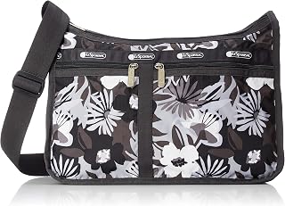 LeSportsac Alameda Night Deluxe Everyday Crossbody Bag + Cosmetic Bag, Style 7507/Color F637, Black, Grey, White & Silver Modern Floral