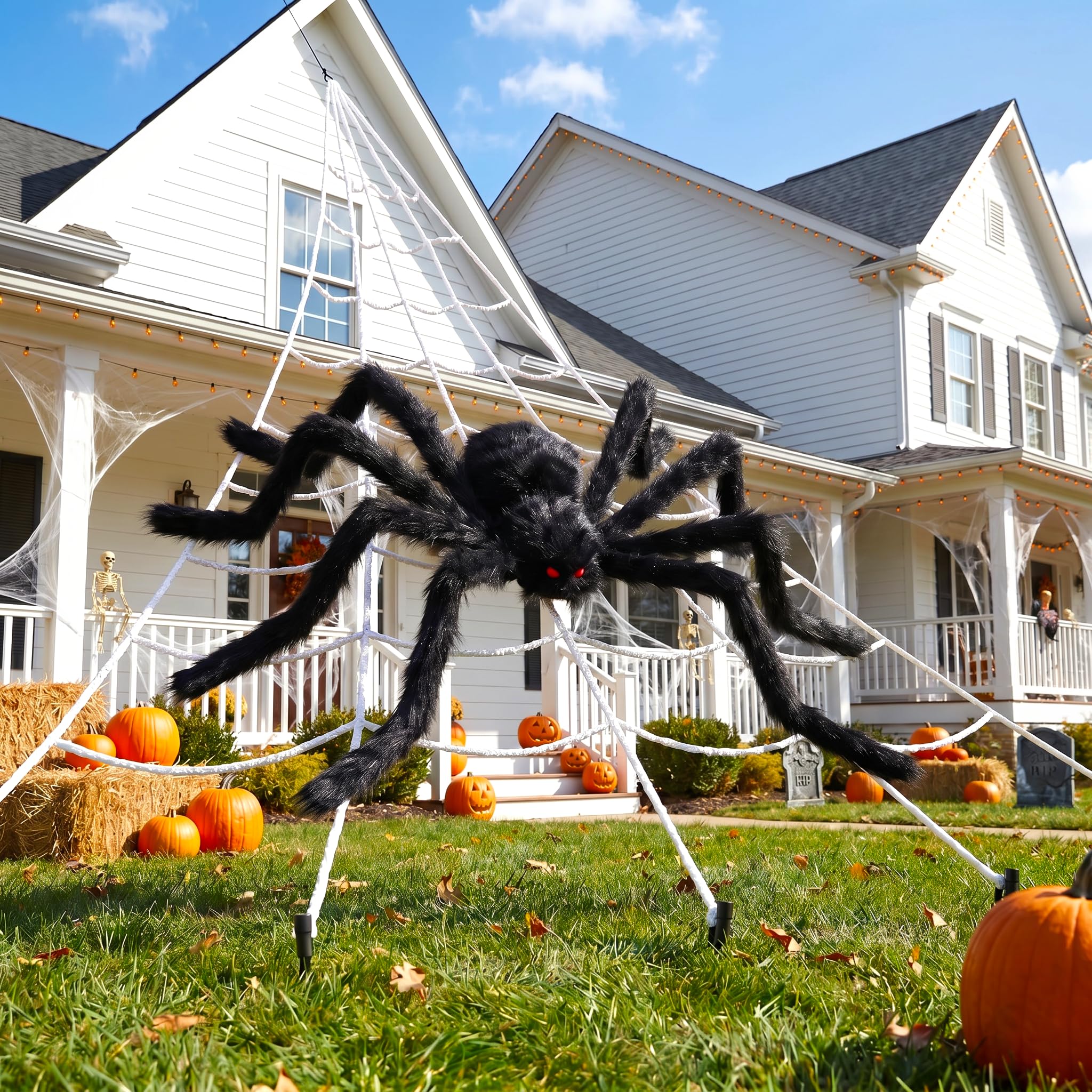 Land Guard 236'' Big Spider Web Halloween Decor+70'' Huge Spider for Roof with T