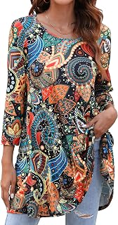 Enmain Women's 3/4 Sleeve Round Neck Long Tunic Top for Women Casual Elegant Chic Floral Swing T Shirt