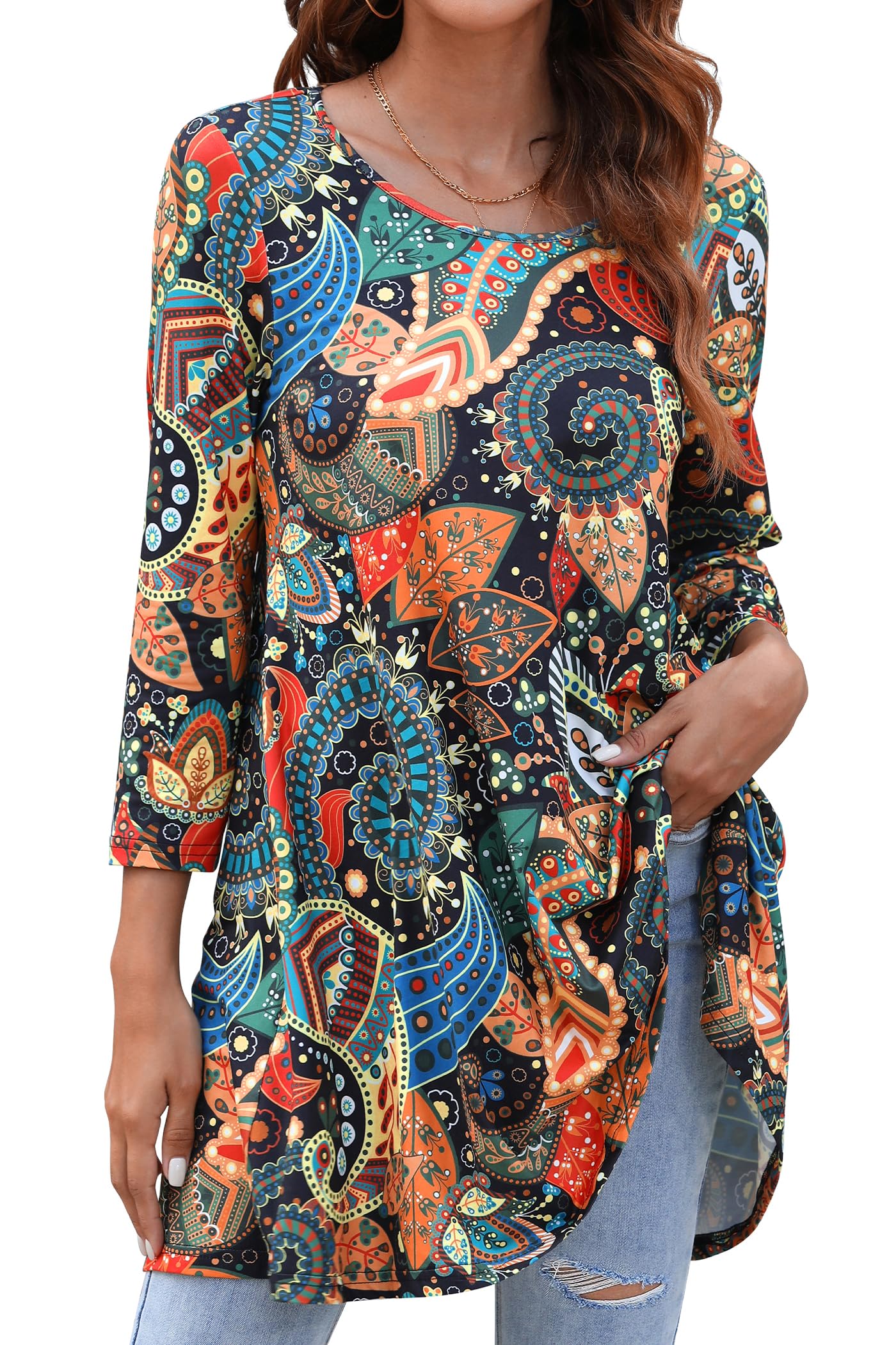 Enmain Women's 3/4 Sleeve Round Neck Long Tunic Top for Women Casual Elegant Chi