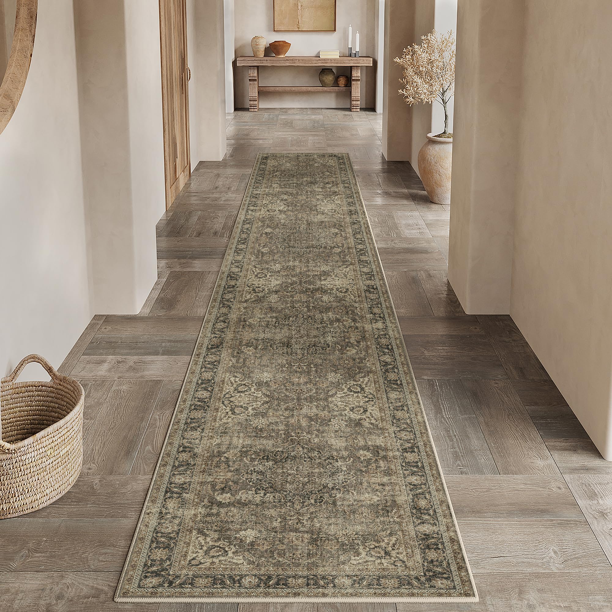 Washable Runner Rug 3x10 for Hallway Brown Black Vinatge Carpet