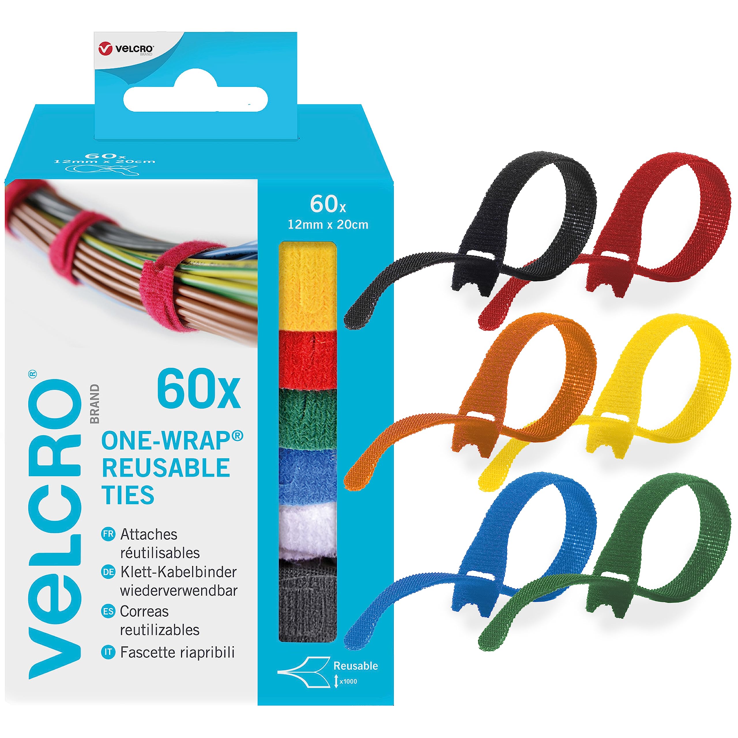 VELCRO Brand ONE-WRAP Cable Ties, Multi-Colour 12mm x 20cm, 5 Pack