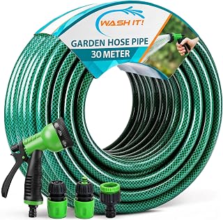 Garden Hose Pipe with Connectors and Hosepipe Spray Gun - Reinforced Garden Hose Set Including Adjustable Hosepipe Spray Gun, Tap Connector and 2 Couplers for Plant Watering and Car Washing (30m)