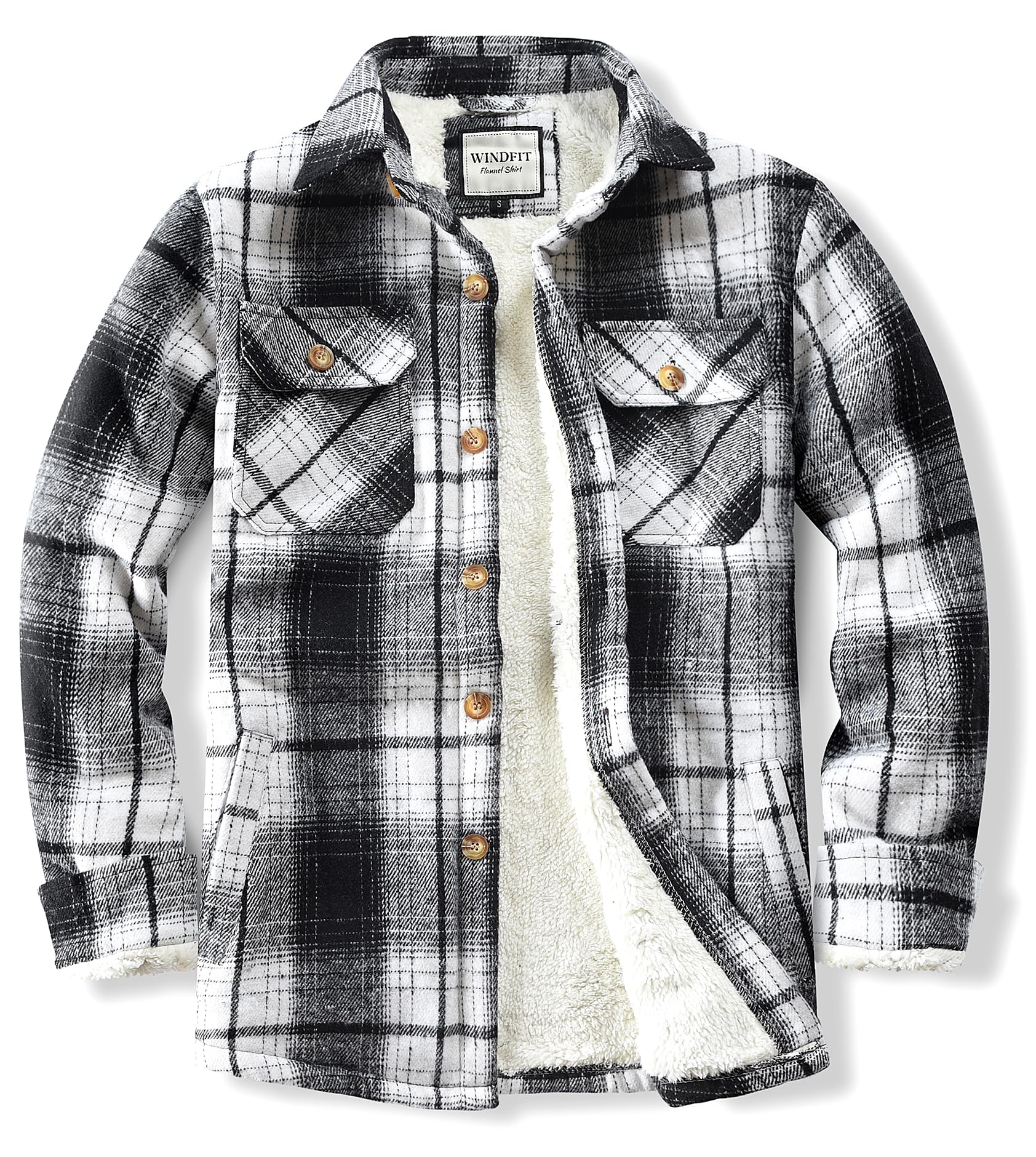 WINDFIT Men's Cotton Sherpa Button Down Flannel Shirt Jacket Plaid Shirt