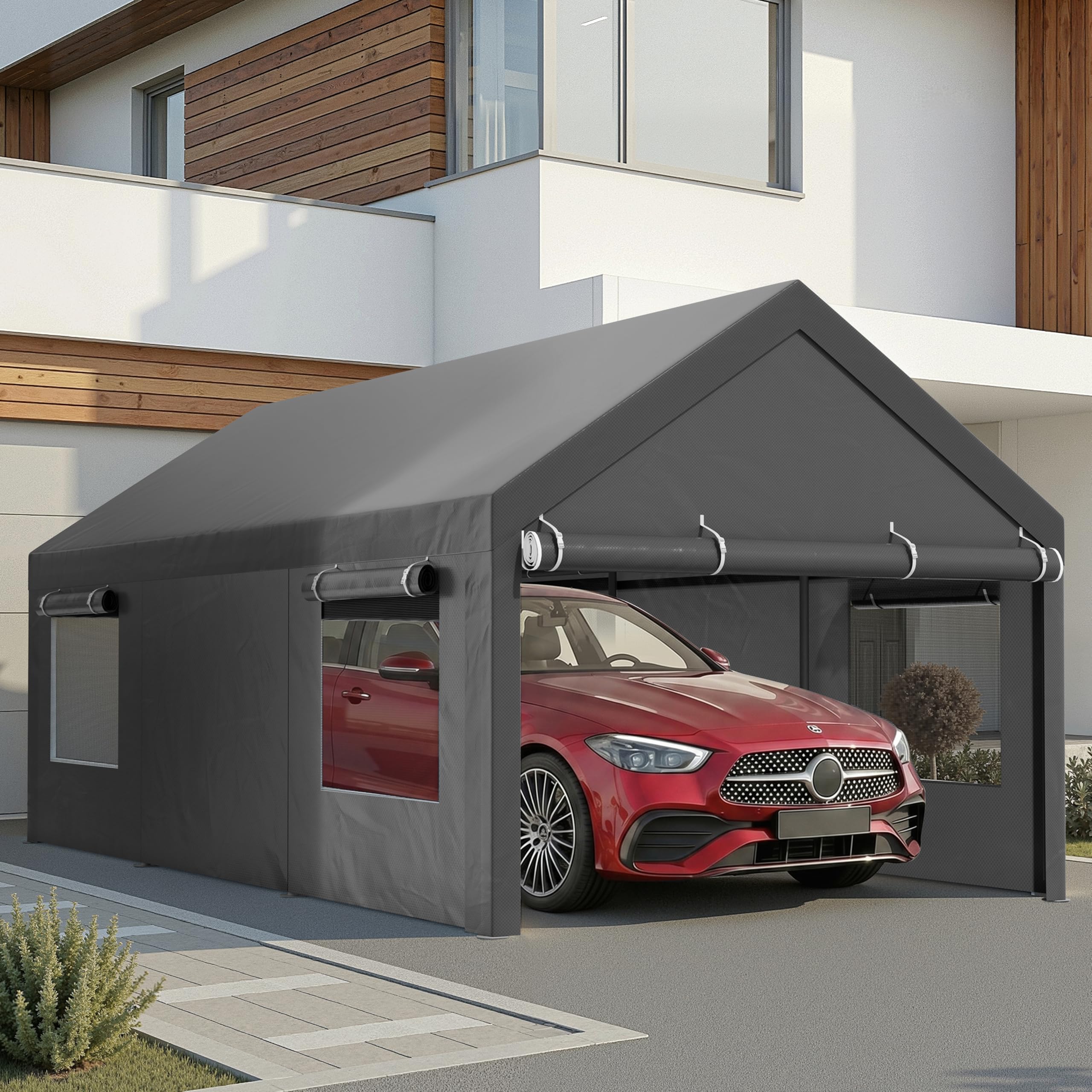 JAMFLY 12x20 ft Heavy Duty Portable Carport Garage, Grey | Roll-Up Windows, Remo