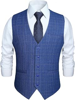 HISDERN Men's Formal Waistcoat Wedding Party Cotton Plaid Suit Vest