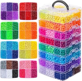 Simetufy 10000PCS Pony Beads Bulk 48 Colors Rave Kandi Bracelet Making Kit | 6x9mm Rainbow Hair Braiding Key Chains Kids DIY Jewelry Crafts Gifts (5.73LB, 8 Tier Stackable Organizer with 2 Handles）