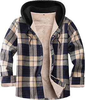 IVUMA Men's Cotton Plaid Long Sleeve Shirts Jacket Fleece Lined Flannel Shirts Sherpa Button Down Coat with Hood