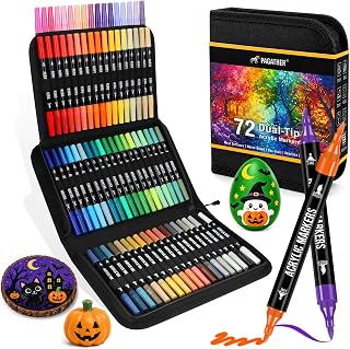 Pagather Acrylic Paint Markers, 72 Colors Dual Tip Fine & Brush Pens Set | For Rocks, Fabric, Wood, Glass & More, Perfect for DIY Crafts and Creative Art Projects with Bright, Smooth and Quick-Dry Ink