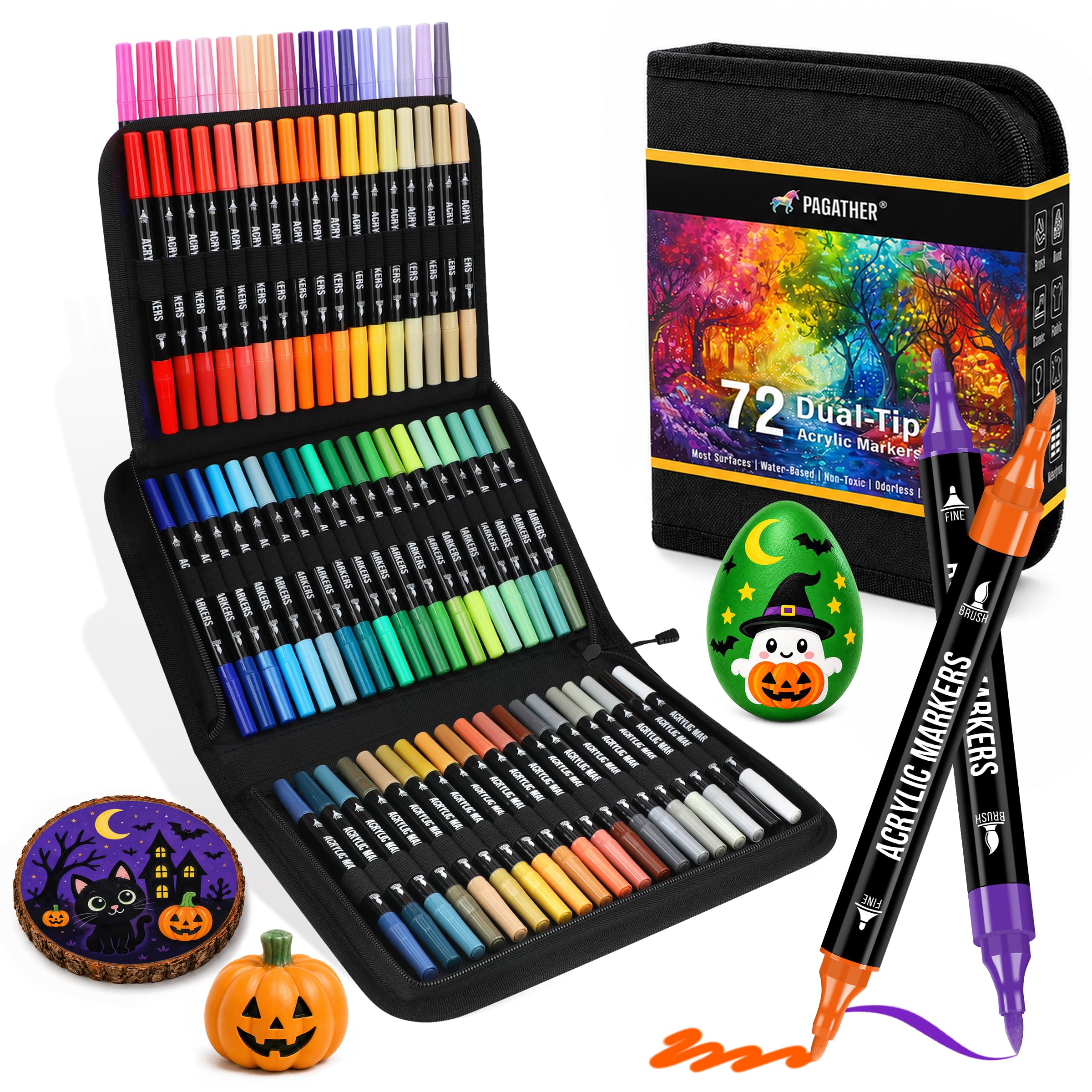 Pagather Acrylic Paint Markers, 72 Colors Dual Tip Fine & Brush Pens Set | For R