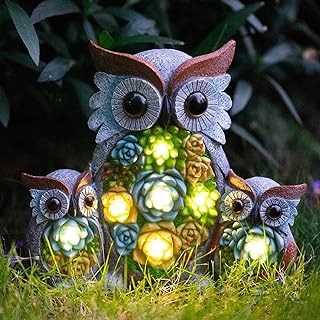 Solar Garden Statue Lights, Owl Family Decor with LED Succulent Flowers, Cute Solar Owl Figurines, Waterproof Resin Outdoor Yard Art for Patio Lawn Porch, Garden Gifts for Women Mom Grandma