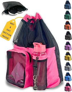 JIMJOOS Drawstring Mesh Swimming Bag - 25L Waterproof Swim Bag with Wet/Dry Compartment, Multifunctional Sports Backpack for Kids, Adults, Swimming, Surfing, Beach, Gym