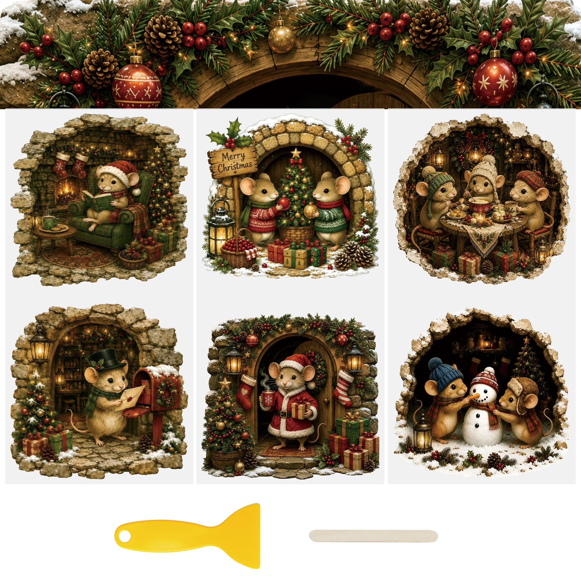 WANDIC 3 Sheets Rub on Transfers for Crafts,UV DTF Mice Christmas Cave Pattern S