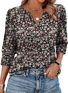 WIHOLL 3/4 Length Sleeve Womens Tops with Button Cuffs Dressy Casual V Neck Summer Outfits Early Fall Fashion Spring Clothes