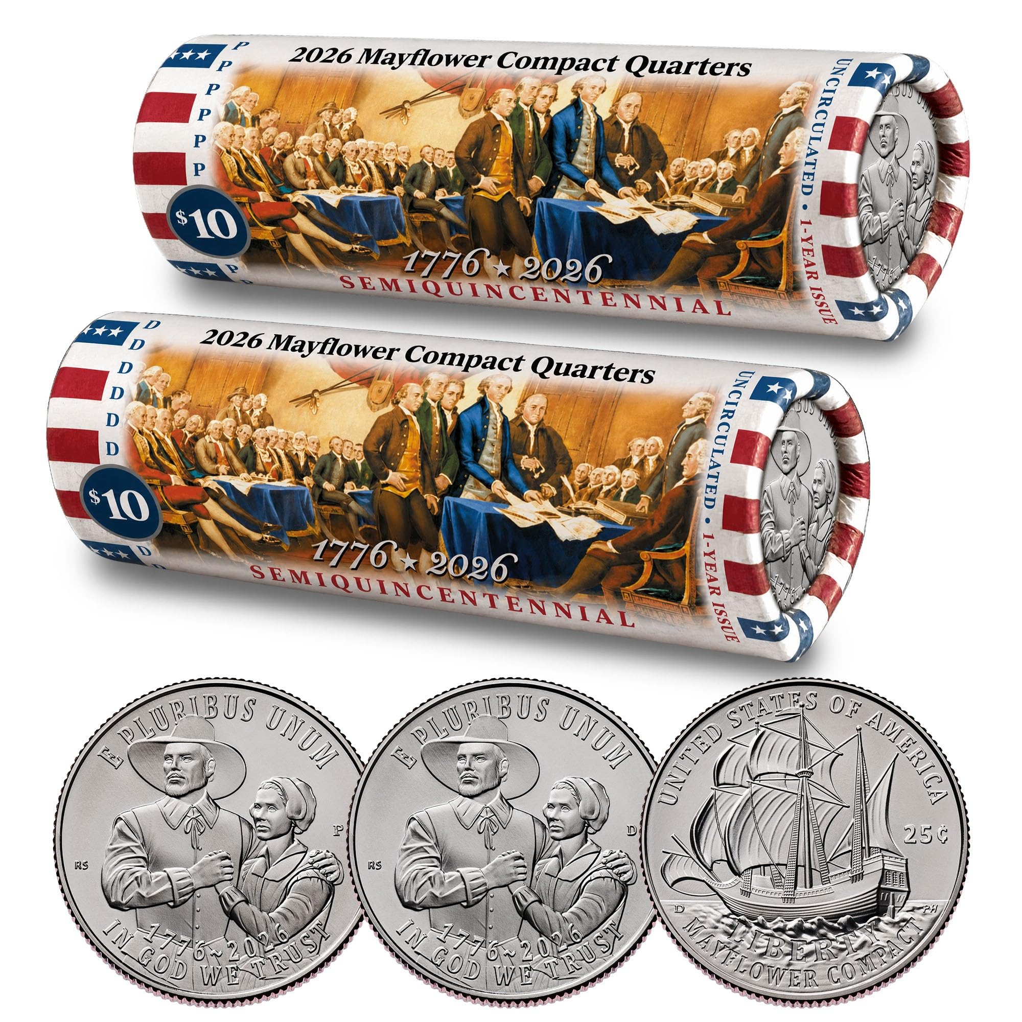 2026 P & D Set • Mayflower Compact Quarter Declaration of Independence DOI Coin 