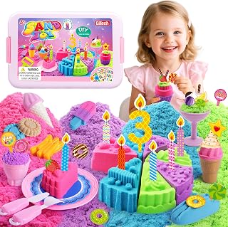 Billeeit Cake & Ice Cream Sensory Bin Sand Toy, Fun Gift for Kids Girls 3+ | Sand Kit Sensory Toys w/lid and 4 Color Moldable Sensory Play Sand 2.2lbs, Molds, Tools Set 43pcs Total for Toddlers