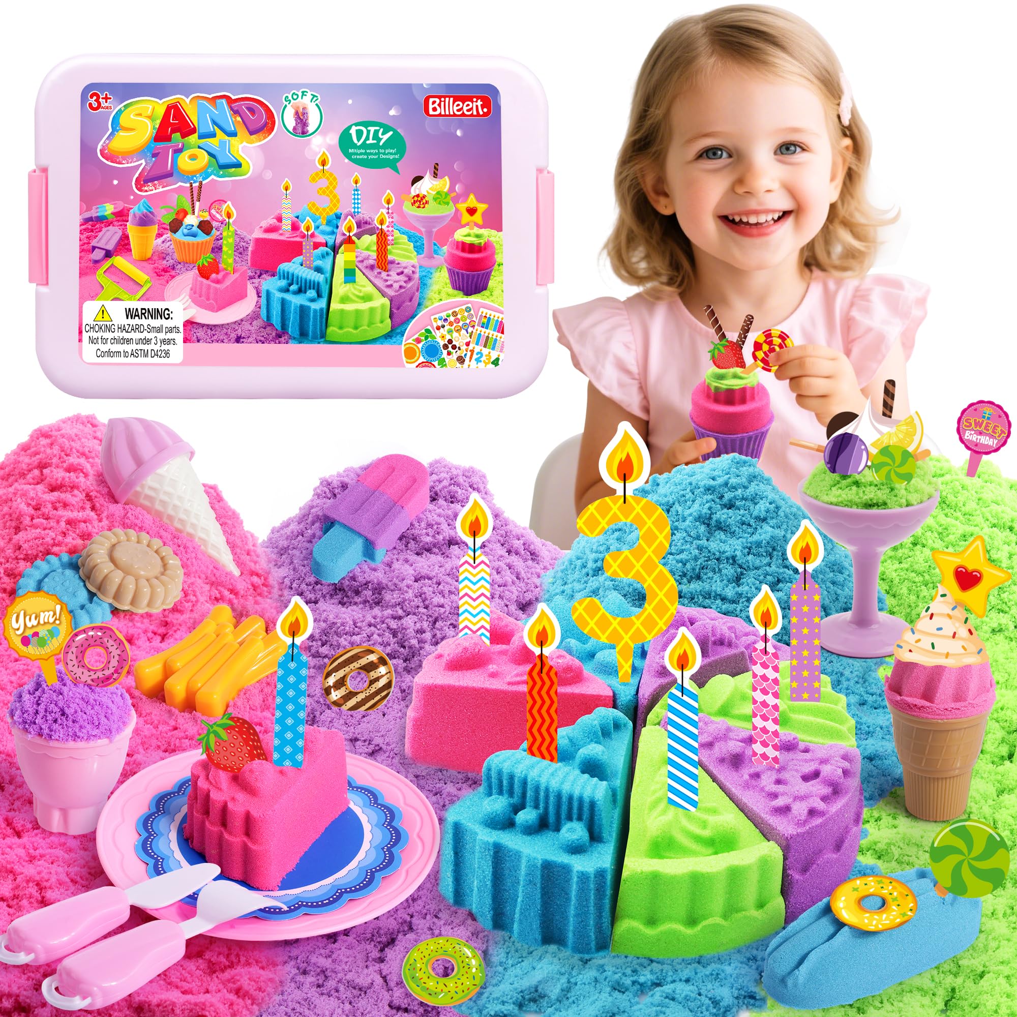 Billeeit Cake & Ice Cream Sensory Bin Sand Toy, Fun Gift for Kids Girls 3+ | San