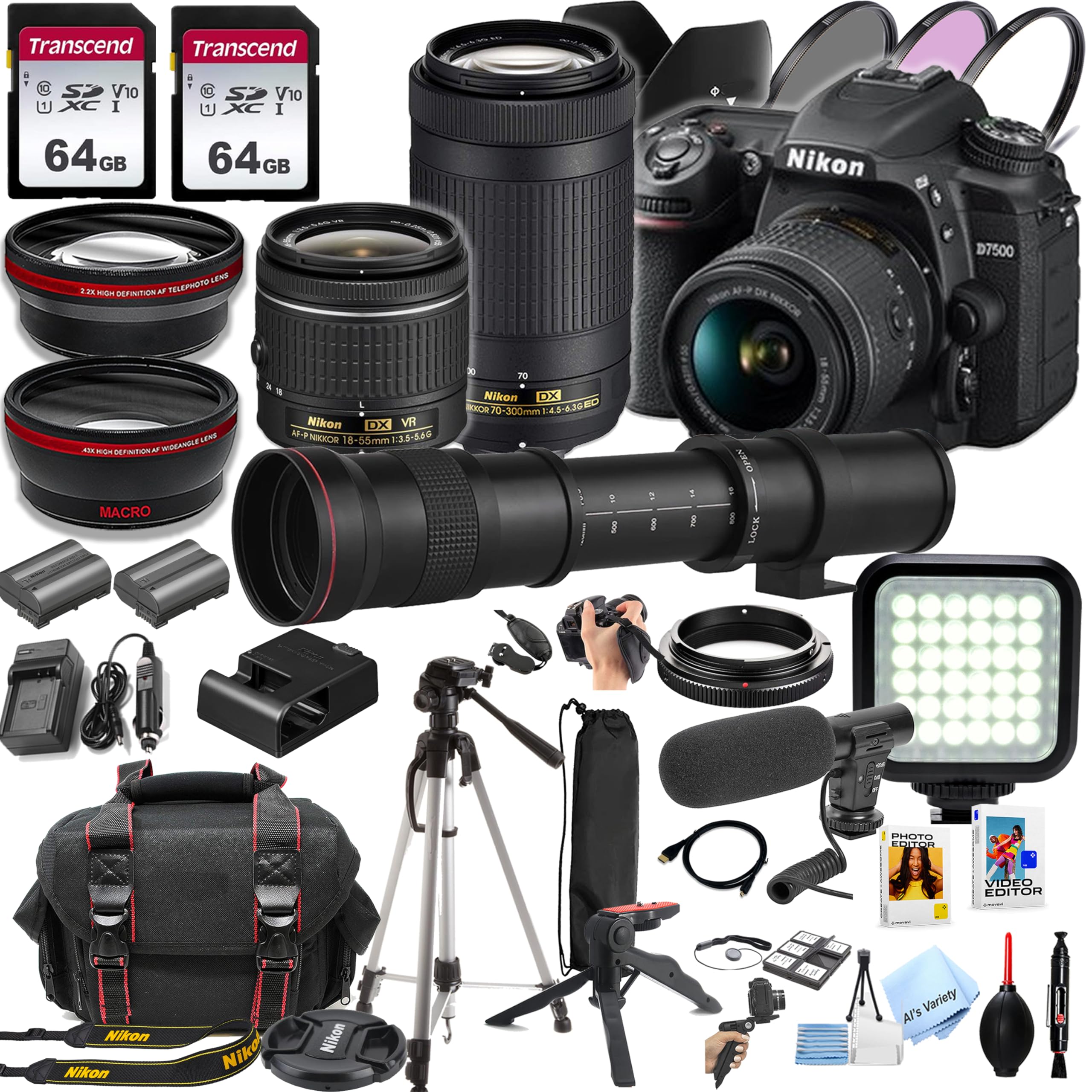 Nikon D7500 DSLR Camera Kit with 18-55mm VR & 70-300mm Lenses + 420-800mm Lens +