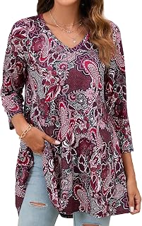 Enmain Women's Plus Size Long 3/4 Sleeve Blouse Women's Chic and Elegant Winter V-Neck Tunic Floral Paisley Swing Loose Blouse