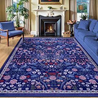 PLHXFR Area Rug 9x12 Living Room: Floral Washable Boho Soft Carpet Blue
