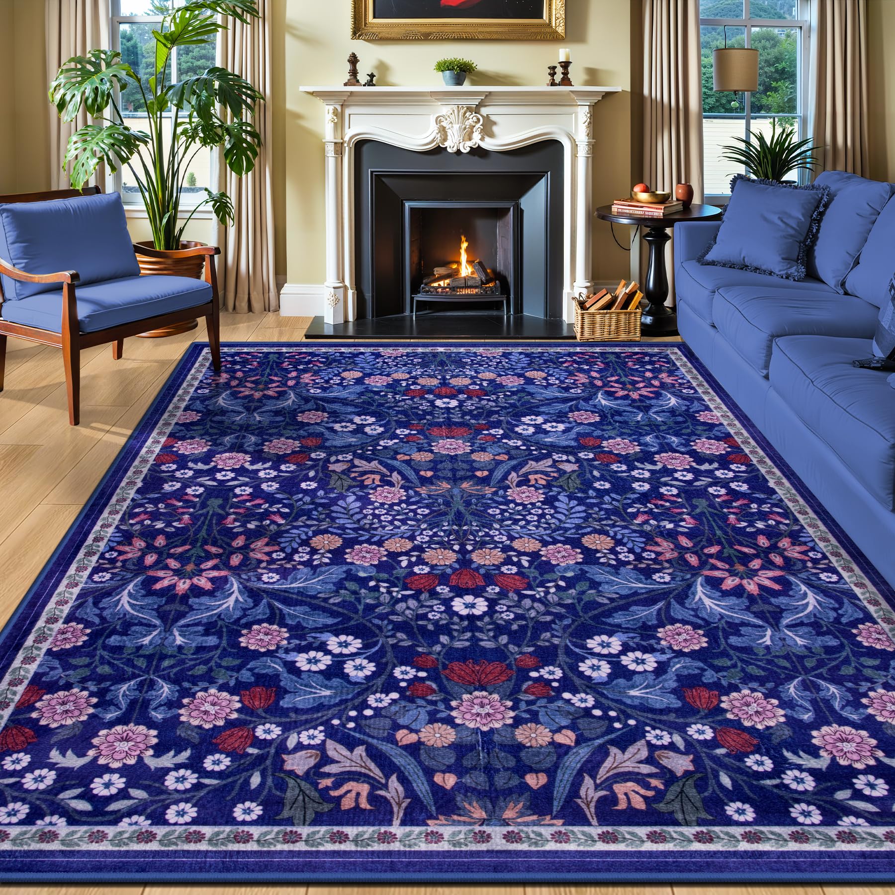 PLHXFR Area Rug 9x12 Living Room: Floral Washable Boho Soft Carpet Blue