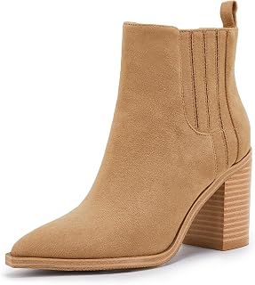 Womens Ankle Boots Slip on Pointed Toe Chunky Block Mid Heel Leather Elastic Panel Casual Chelsea Western Booties