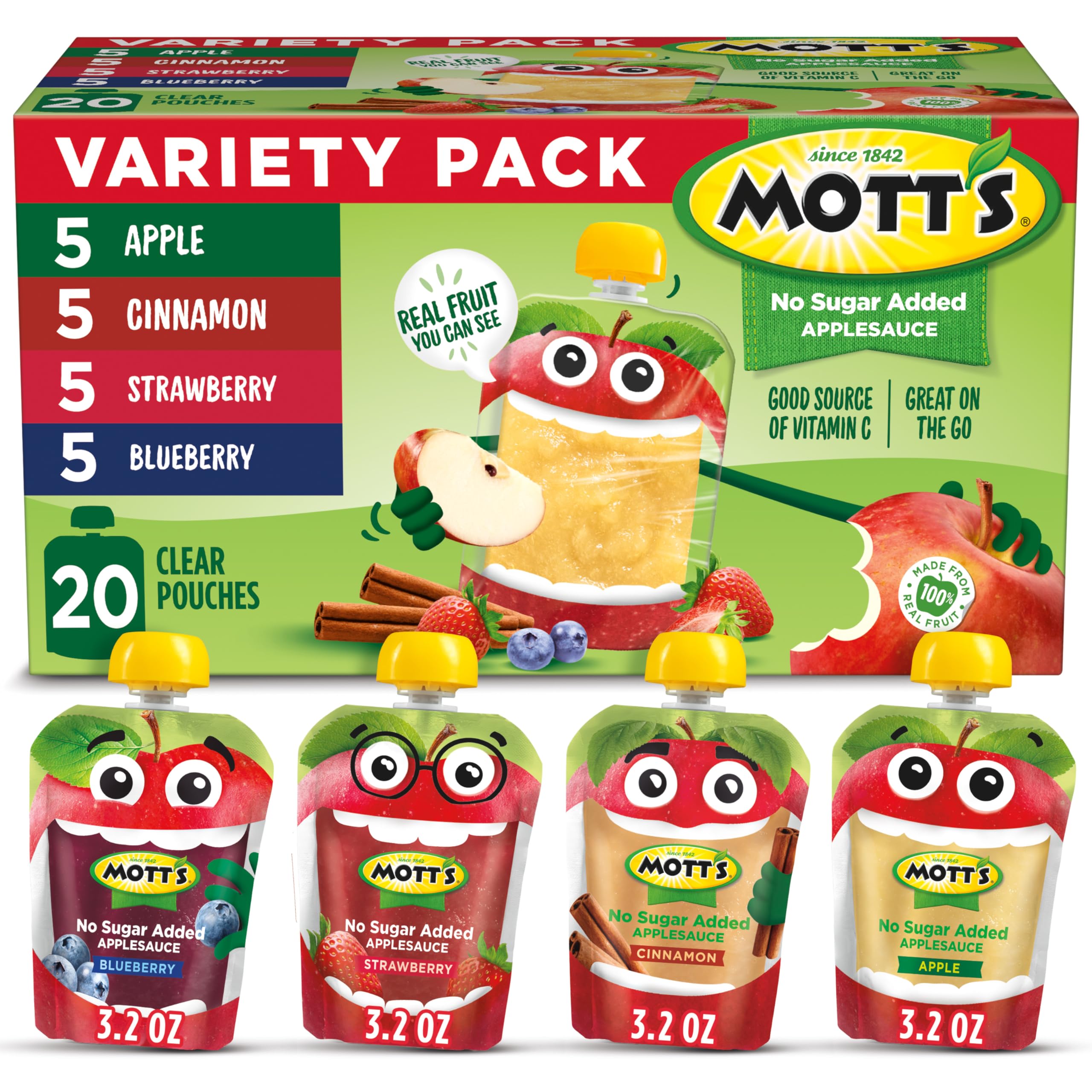 Mott's No Sugar Added Applesauce Variety Pack, 3.2 Oz Pouches, 20 Count