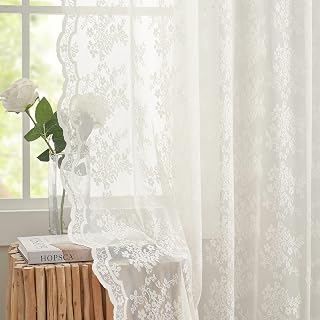 YJ Yanjun Vintage Lace Curtains 63 Inches Length- Elegant Victorian Floral Ivory Sheer Curtain Panels for Living Room Bedroom Kitchen, Scalloped Edges Rod Pocket, 2 Panels 52W x 63L Cream