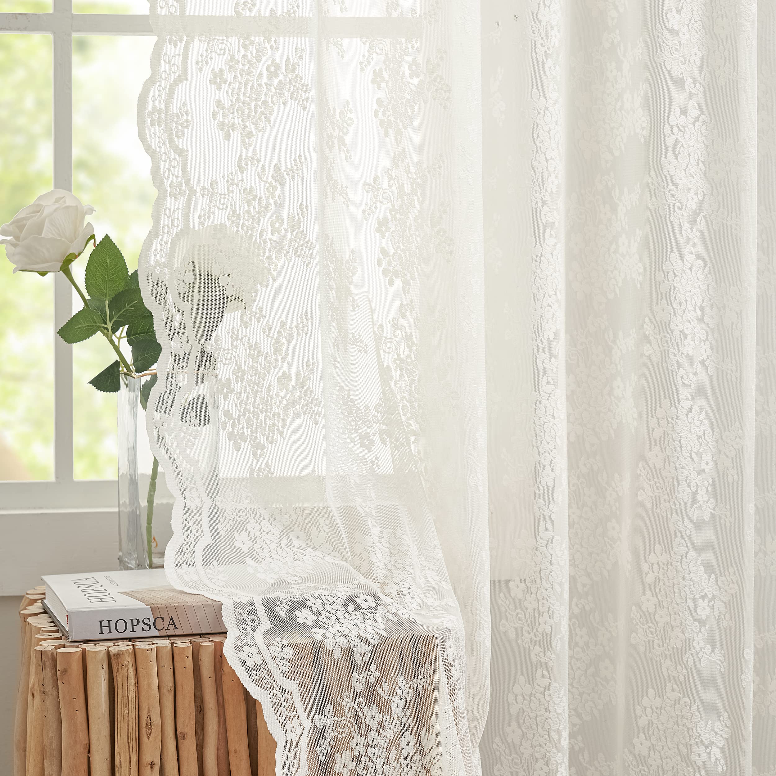 YJ Yanjun Vintage Lace Curtains 63 Inches Length- Elegant Victorian Floral Ivory