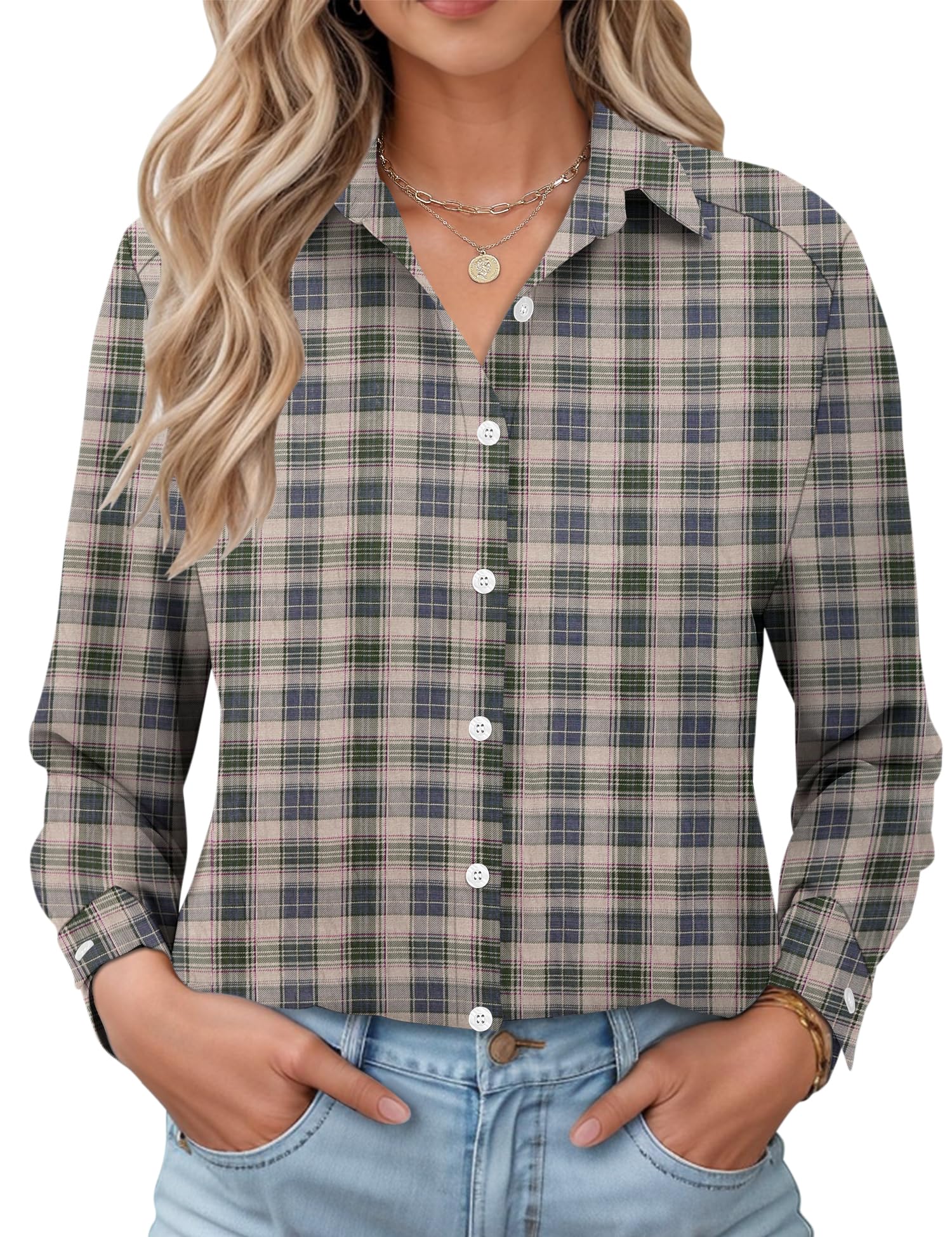LOMON Womens Long Sleeve Button Down Shirts Casual Loose Fit Cotton Collared Blo