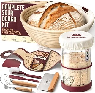 Superbaking Sourdough Starter Kit: 9" Banneton Basket, Silicone Sling & Jar | Round Rattan, Splinter-Free, Non-Stick Bread Sling, Glass Starter Jar, Whisk, Lame, Scraper, Sourdough Bread Baking Supplies