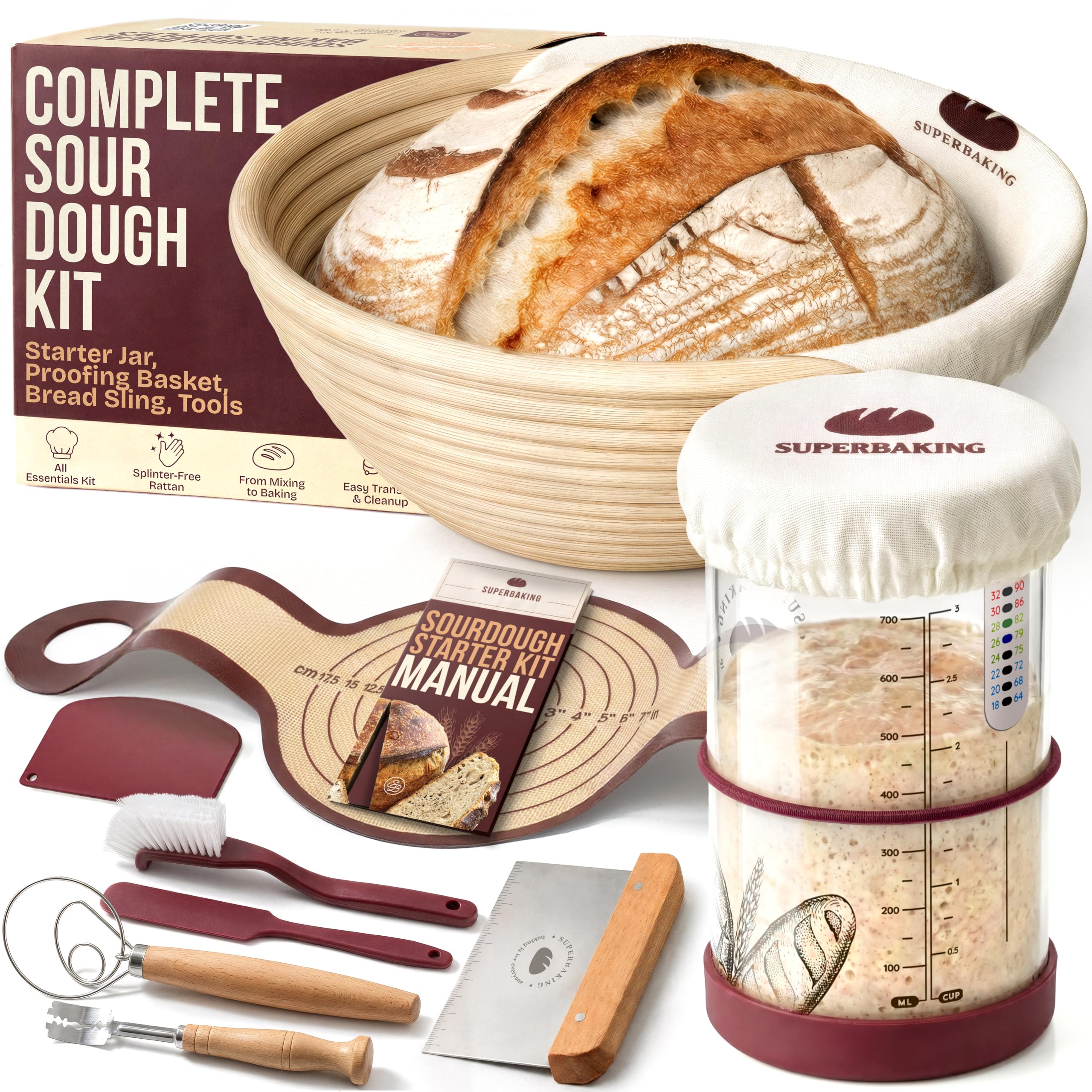 Superbaking Sourdough Starter Kit: 9" Banneton Basket, Silicone Sling & Jar | Ro