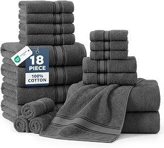 LANE LINEN Bath Towel Set 100% Cotton 18 Piece Soft Absorbent - Grey | Soft & Absorbent Towel Set, Ring-Spun, Ideal for Gym & Home, with OEKO-TEX