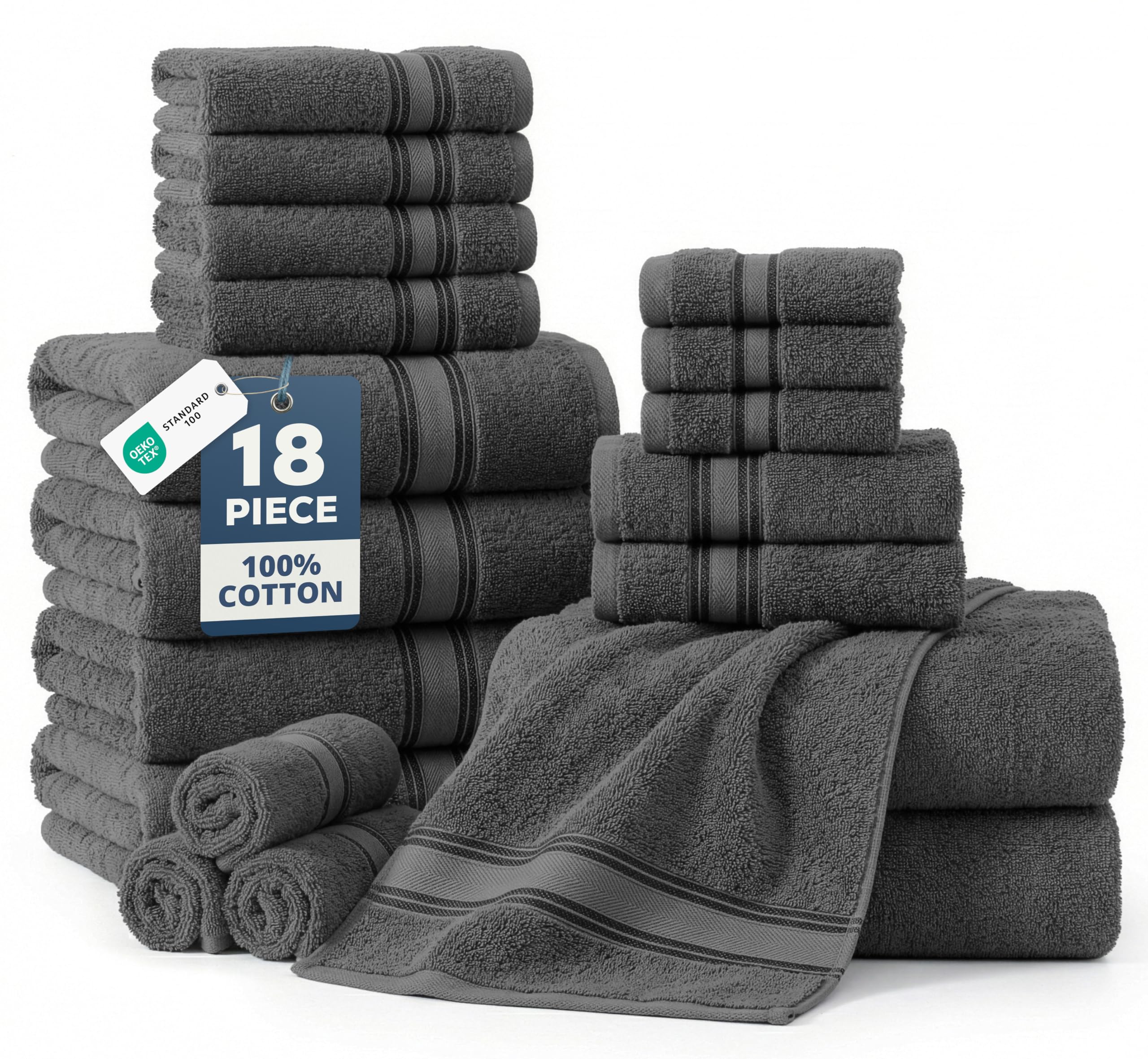 LANE LINEN Bath Towel Set 100% Cotton 18 Piece Soft Absorbent - Grey | Soft & Ab
