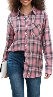 Betusline Long Sleeve Button Down Plaid Flannel Shirt