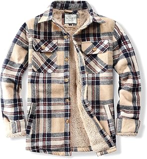 WINDFIT Men's Cotton Sherpa Button Down Flannel Shirt Jacket Plaid Shirt